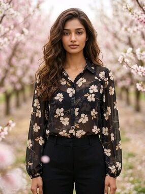 CAbi Black Sheer Floral Button-Down Blouse with Cream Flowers